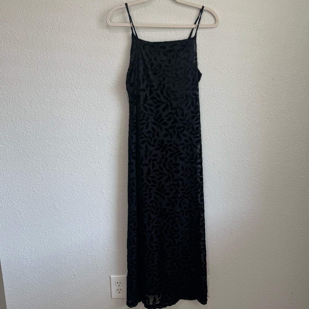 VTG Marian & Maral Black‎ Burnout Velvet Leaf Maxi Dress Square Neck Whimisgoth